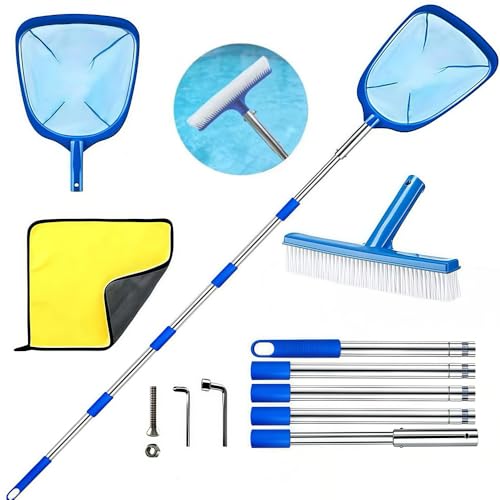 Épuisette de piscine avec manche télescopique de 220 cm - Avec brosse de piscine - Épuisette de bassin à mailles fines - Kit de nettoyage pour piscine,...