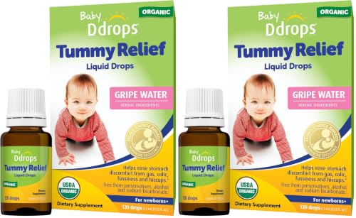 Image of Ddrops Baby Tummy Relief Liquid Drops, Organic Gripe Water for Newborns, Relief from Gas, Colic, Fussiness and Hiccups, Just One Drop, Herbal Ingredients, 120 Drops (Pack of 2)