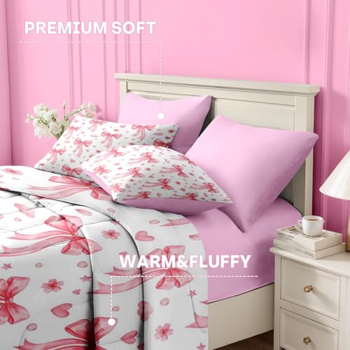 Image of Nesker Bow Comforter Set Twin Size, 5 Pieces Bed in a Bag, Pink Bow Bedding Set for Girls, Romantic Heart Comforter Set with 1 Pillowcase & 1 Sham