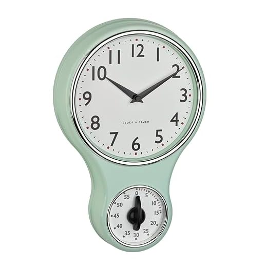 TFA Dostmann Reloj de Pared analógico Retro con Temporizador, 60.3073.20, Temporizador de Huevos hasta 60 min, Incluye Reloj de Cuarzo con Tapa de Cristal, diseño Vintage, Color Verde Menta