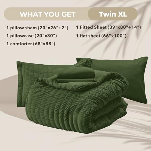 Image of HYMOKEGE Olive Green Twin XL Comforter Set Seersucker 5 Pieces, All Season Luxury Bed in a Bag for Bedroom, Bedding Set with Comforter, Sheets, Pillowcase & Sham