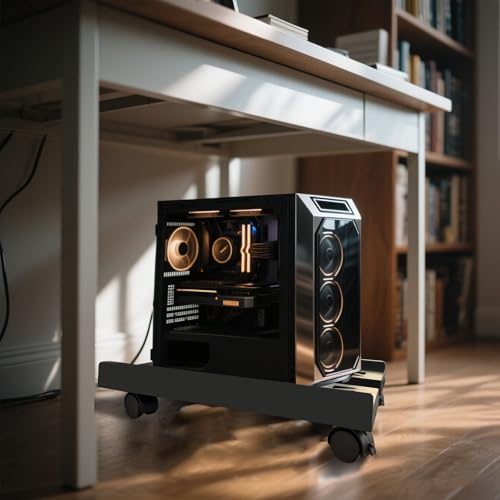 QQdou PC Ständer, Verstellbarer Universal Desktop Computer Tower Stand, Mobiler CPU halterung Unter dem Schreibtisch, mit rollenden feststellbaren Lenkrollen(Schwarz-A)
