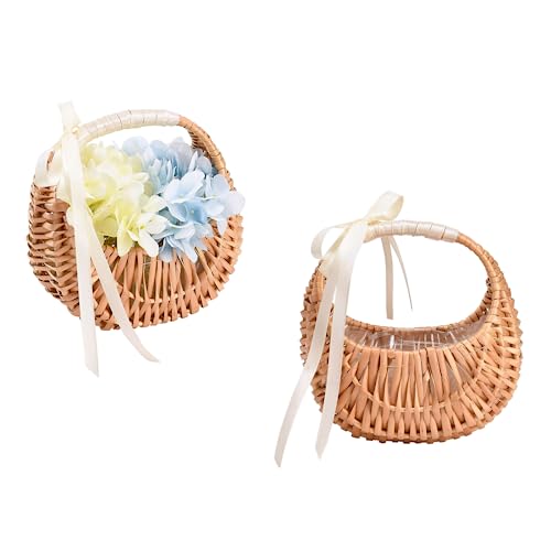 2 PCS Small Half Moon Rattan Basket Straw Basket Wicker Flower Girl Basket Wedding Flower Basket with Handle and Ribbons Woven Storage Basket for Wedding Birthday Party Decor(Brown)