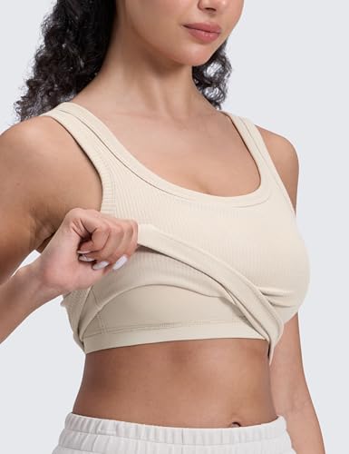 Image of CRZ YOGA Ribbed U Neck Crop Tank Tops | Medium Support, Removable Pads, Casual, Wide Straps, Longline Sports Bras for Women