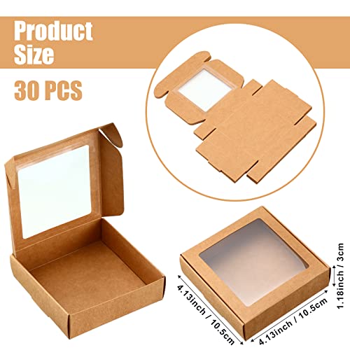 Zonon 30 Kraft Paper Boxes with Window 4.13 x 4.13 x 1.18 Inch Candy Packaging, Small Gift Boxes, Soap holder, Mini Treat Packaging for Bakery Chocolate Jewelry Display(Brown)