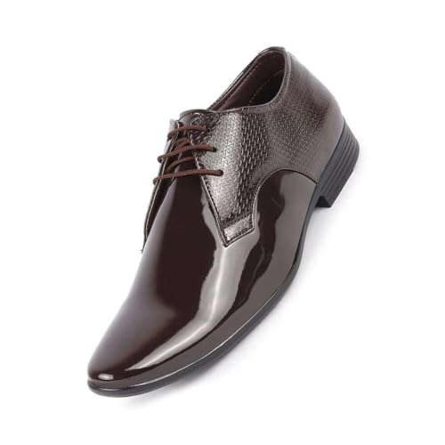 Image of FAUSTO Men's Patent Leather Shine Textured Pointed Toe Party Wedding Lace Up Derby Shoes