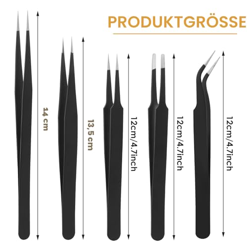 Prasacco 5 Stück Pinzetten Set, Perlen Pinzette Edelstahl Präzisionspinzette Set für Schmuckherstellung, DIY-Handwerk, Elektronische Reparaturen, Maniküre-Werkzeuge (5 Modelle)