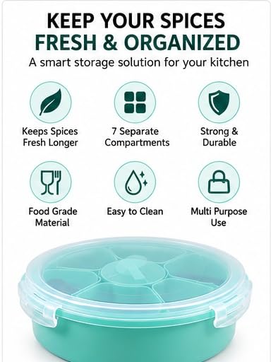 Image of Spice Box for Kitchen 7 Compartment Masala Box with Spoon (Multicolour)