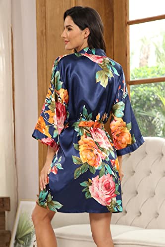Image of VOGMATE Floral Silk Robes for Women Short Satin Kimono Bride Bridesmaid Robes Bathrobe