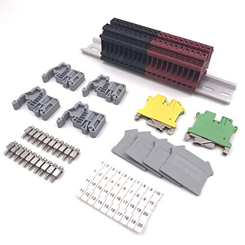 Erayco DIN Rail Terminal Blocks Kit, 20Pcs UK5N 10 AWG Terminal Blocks, 2Pcs Ground Blocks, 2Pcs FBI-10-6 Terminal Fixed Bridge, 4Pcs E/UK End Brackets, 2Pcs D-UK3/10 End Covers, 1Pcs 8" aluminum RoHS