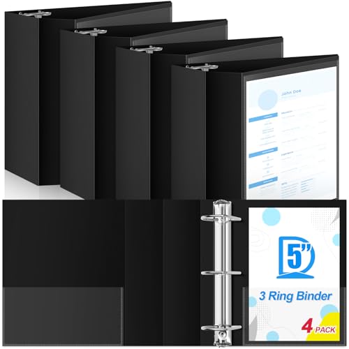 Image of Henoyso 4 Pack 5 Inch D-Ring 3 Ring Binders with Clear Pocket, Heavy Duty Large Capacity Binder with Inside Pockets for Standard Pages 8.5 x 11, Presentation Binder for Office School(Black)