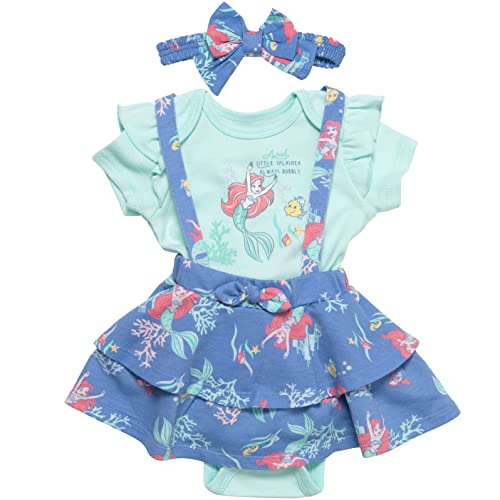 Image of Disney Princess Ariel Baby Girls 3 Piece Outfit Set: Bodysuit Jumper Headband Blue 0-3 Months