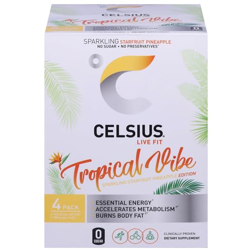 CELSIUS Sparkling Tropical Vibe, Functional Essential Energy Drink, 12 Fl Oz 4 pack