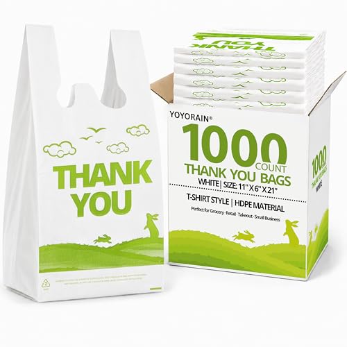 YoYoRain 1000 Count White Thank You T-Shirt Bags, 11 x 6 x 21 in | Durable HDPE with handles, Thank You print, reusable &amp; disposable for grocery, retail, takeout and small business
