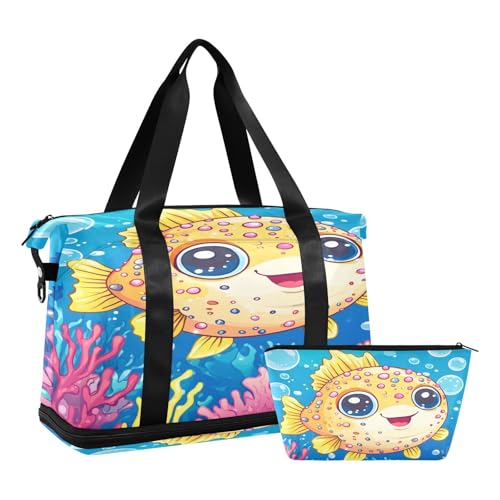 Puffer Fish Sea Blue Travel Duffel Bag for Women Men Gym Bag with Shoe Compartment Wet Pocket Carry On Weekender Overnight Bags for Airline Travel Gym2