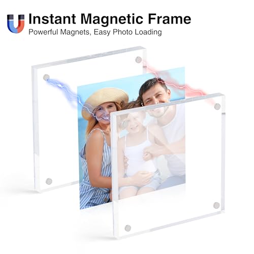 Image of HOUSE DAY Acrylic Picture Frames 4x4, 2 Pack Magnetic 4 x 4 Picture Frame, Double Sided Clear 4x 4 Photo Frame with Microfiber Cloth, Frameless FreeStanding 4x4 Frame Gift for Desktop Display