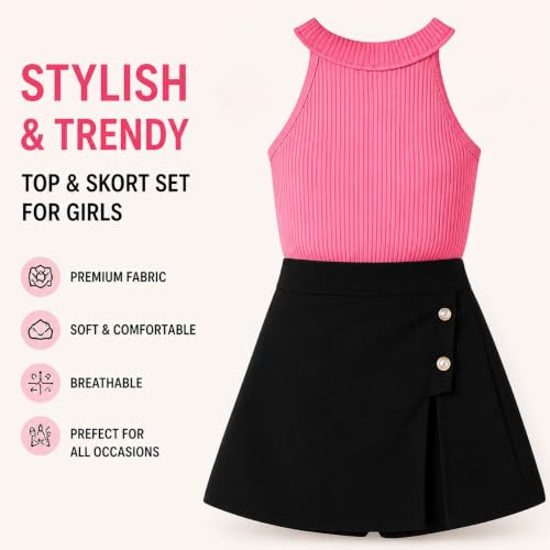 Image of RIYANSHI Girls Halter Neck Ribbed Top with A-line Skirt Set | Cotton Blend, 2 Piece Outfit, Button Detail, Ages 1-10 Years, Casual Wear