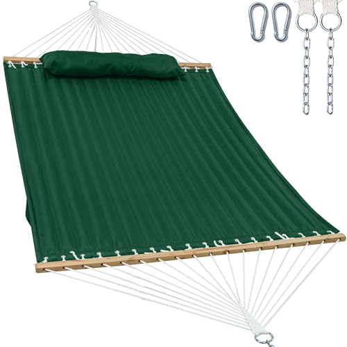 Image of GAFETE Hammock 2 Person Quilted Fabric Hammocks for Outside, Double 12ft Hammocks with Spreader Bar, Large Removable Pillow, Storage Bag, Carabiners, Max 475 lbs Capacity (Night Green)