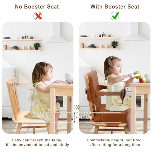 Image of Toddler Booster Seat for Dining Table, Non-Slip Kitchen Chair Booster Seat with Backrest and Adjustable Straps, Portable PU Waterproof Travel Baby Booster Increasing Cushion
