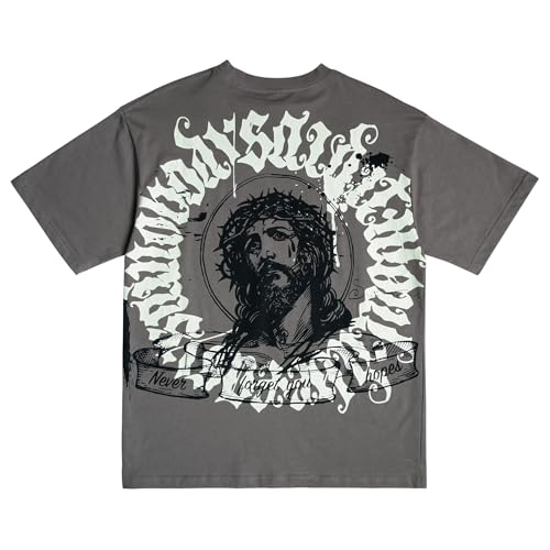 Men's Hip Hop Portrait Graffiti Print T-Shirt High Cotton Crewneck Rapper Short Sleeve Tops Grey…