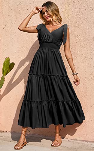 Image of PRETTYGARDEN Women's Cross Neck Summer Sleeveless Tiered Maxi Dress Beach Tie Strap Smocked Long Dresses Pleated Sundress