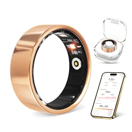 Smart Ring with Heart Rate Blood Oxygen Sleep Tracker Step Tracker IP68 Waterproof Fitness Tracker Fitness Ring for Women Men Compatible with iOS & Android (Gold 8#)