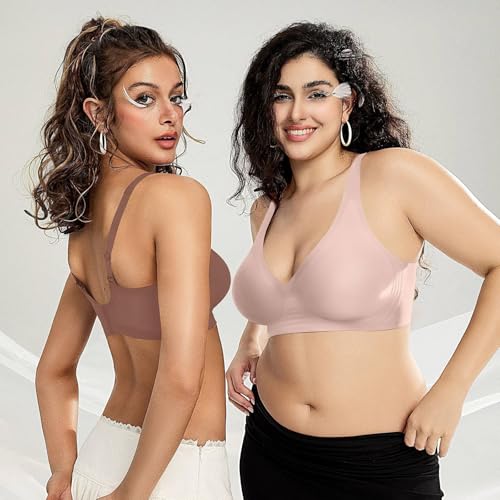 OEAK Womens Deep V Bras Wireless Comfortable Bra Supportive No Underwire Bras Tshirt Push Up Bralettes Plunge Seamless Bra Nude XL - Image 5