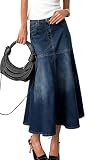 chouyatou Women's Elegant A-Line Pleated Jean Skirt Western Distressed Midi Long Fishtail Denim Skirt (Medium, Dark Blue)