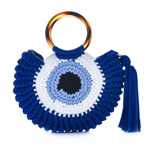 Wabilu Bolsa feminina hobo tecida à mão olho turco fio grosso malha clutch alça superior bolsa de crochê festa de casamento bolsa de praia, Azul, Samll