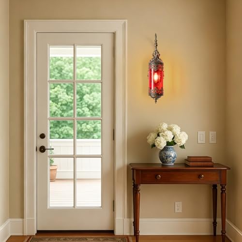 Image of Vintage Wall Sconce with Red Glass, Rustic Black Brushed Gold Farmhouse Wall Light Fixture, Antique Gothic Decorative Metal Wall Lamp for Hallway, Bedroom, Living Room, Entryway