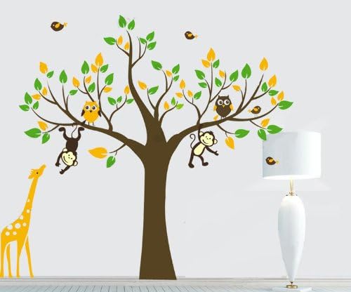 Jungle Zoo Forest Giraffe, Monkey and Owls Tree Wall Decal for Nursery (Large)