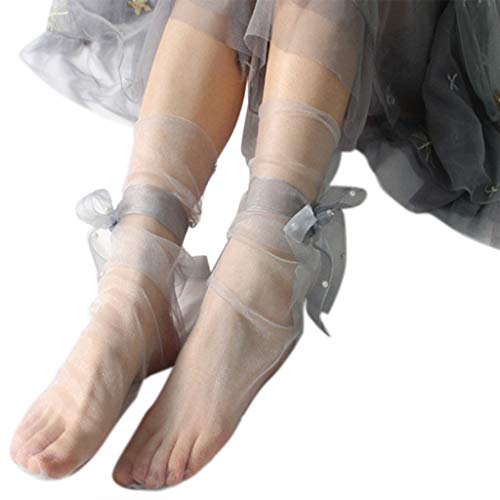 Calcetines tobilleros ultrafinos y traslúcidos con lazo y perlas de imitación, malla transparente, tul, sueltos, calcetines para niños, gris, Altoa única