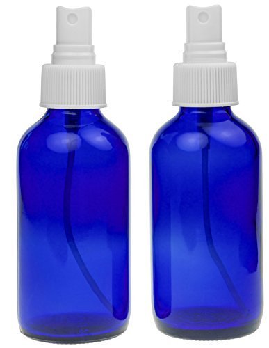 Blue Glass Spray Misters - 2 Bottles - 4oz Refillable Bottle is Great for Essential Oils, Organic Beauty Products, Homemade Cleaners and Aromatherapy with a White Fine Mist Dispenser