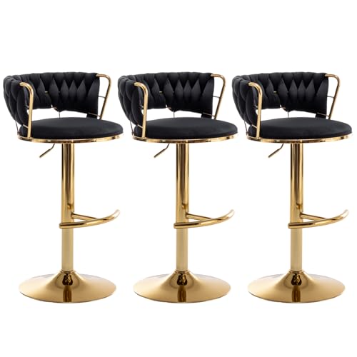 Velvet Bar Stools Set of 3, Counter Height Barstools with Low Back, Gold Swivel Bar Stool for Kitchen Island, Pub (Black)