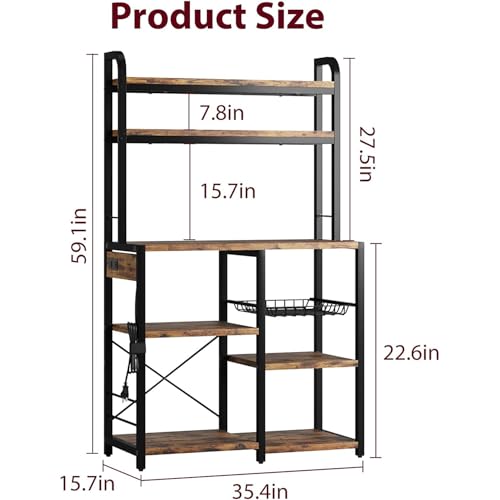 GarveeHome Microwave Stand Bakers Rack with Power Outlet, Kitchen Baker Rack with Wire Basket, 6-Tier Large Freestanding Utility Storage Shelf for Kitchen Dining Living Room, Rustic Brown
