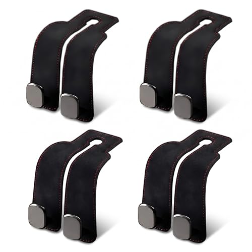 Seltureone 4 Pack Car Headrest Hooks Soft Leather Car Bag Hook Multifunctional Seat Back Storage Hooks Universal Headrest Hook Car Accessories for Handbags Purses Shopping Bags - Black