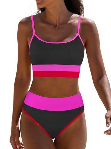 popvil Women Bikini Sets Two Piece Bathing Suit - Sporty High Waisted Swimsuit Cheeky Modest Ribbed Neon Bikini