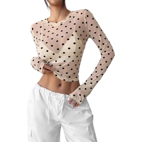 Haut à pois sexy en maille transparente pour femme à manches longues