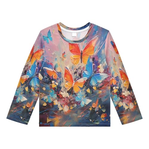 Boys Rash Guard Swim Shirt Long Sleeve UPF+ 50 Sun Shirts Quick Dry Shirt Orange Blue Butterfly for Toddler Kids