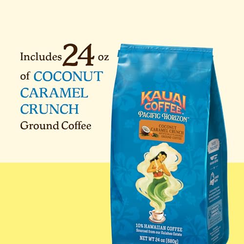 Kauai Coffee Ground Coffee – Smooth, Rich, Medium Roast – Nutty Caramel and Tropical Coconut – Arabica Coffee, 10% Hawaiian with No Bitterness – Coconut Caramel Crunch, 1 Pack of 24oz