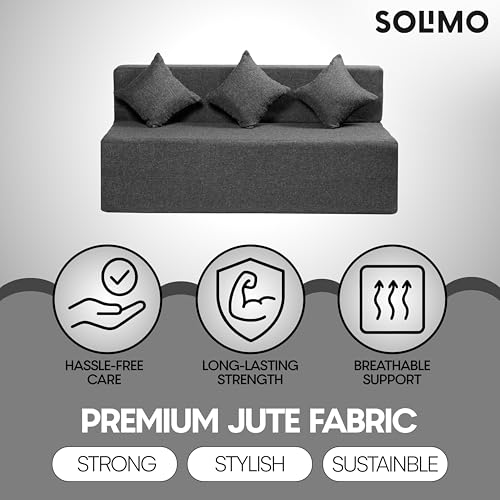 Image of Amazon Brand - Solimo 3 Seater 5 * 6 Jute Fabric Washable Cover Sofa Cum Bed with 3 Cushions 3 Seater Double Foam Fold Out Sofa Cum Bed (Finish Color - Grey Delivery Condition - Pre-Assembled)