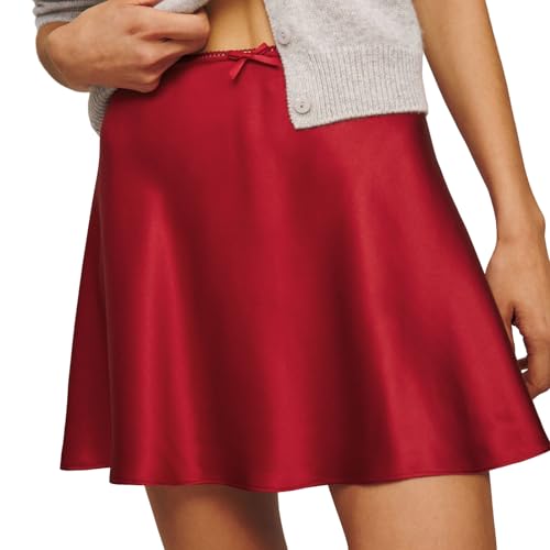 Women Aesthetic Vintage Satin Mini Skirt Lace Trim Low Waisted Silk Slip Short Skirt 2024 Fall A-Line Dressy Skirt Streetwear