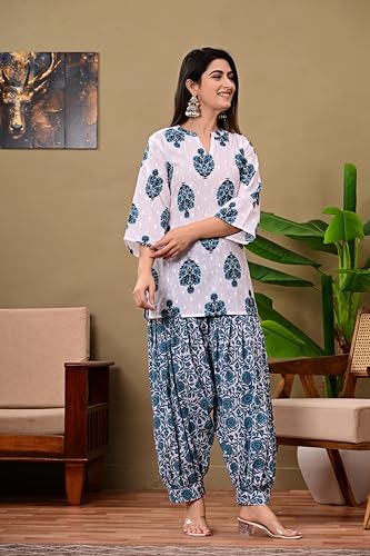 Image of Women's Cotton Floral Print Kurta Patiala Pant Set, White and Purple Traditional Indian Ethnic Wear with Damask Pattern