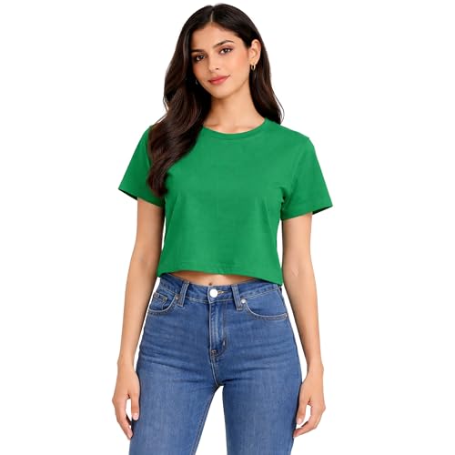 Image of Hangout Hub Women Crop Top T-Shirts | Round Neck Plain Solid Tshirts | Double Weaved | Shrink Free Tees | Casual T-Shirt for Woman Ladies Girls(Cotton|Pack of 3)