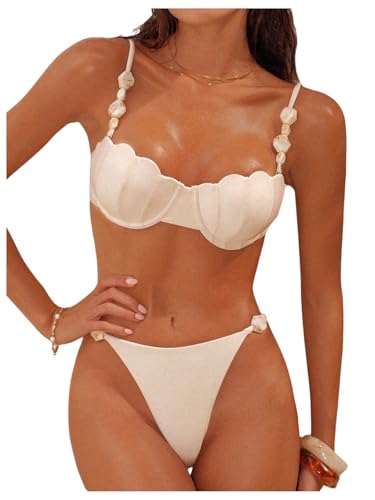 SHENHE Womens Push Up Underwire Swimsuits 2 Piee Seashell Top Cheeky Thong Beaded Bikini Set Apricot Large