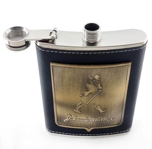 Image of JWPB Stainless Steel Hip Flask with Funnel 8 Oz (236 ml) I Stitched PU Leather Cladding with Metal Plate Design Whiskey Flask I Unisex Alcoholic Drinks Holder Pocket Bottle (JWP Black+Funnel)