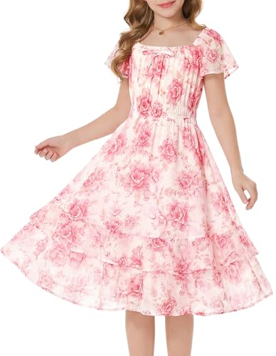 GRACE KARIN Girls Floral Summer Dress Flutter Sleeve Square Neck Midi Casual Dress for Girl 6-14Y