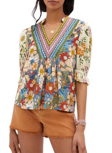 Melliflo Womens Boho Floral Blouse Shirt Embroidered V Neck Half Sleeve Ruffle Loose Tops Fashion Fall Outfits 2025