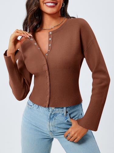 Image of Saodimallsu Womens Cropped Sweaters Cardigan | Button Down,Long Sleeve,V Neck,Ribbed Knit,Slim Fit ,Pullover Crop Tops