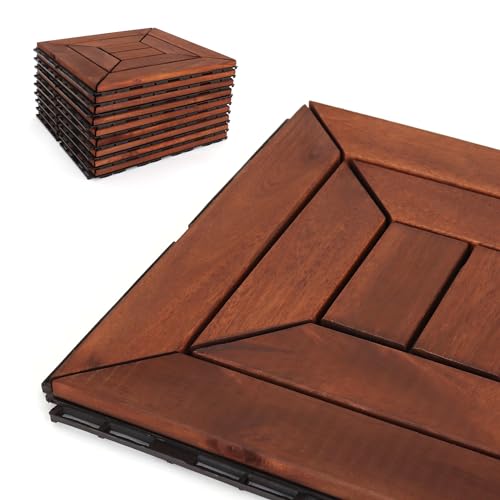 Deck Tiles - Patio Pavers - Acacia Wood Outdoor Flooring - Interlocking Patio Tiles - 12"x12" (10 Pack) - Oiled Acacia Finish - Diamond Pattern Decking